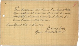 Ludwig Ritz bescheinigt die Zeit der Illegalität für Elisabeth Wehrheim © Hessisches Hauptstaatsarchiv Wiesbaden, Abt. 518-32493