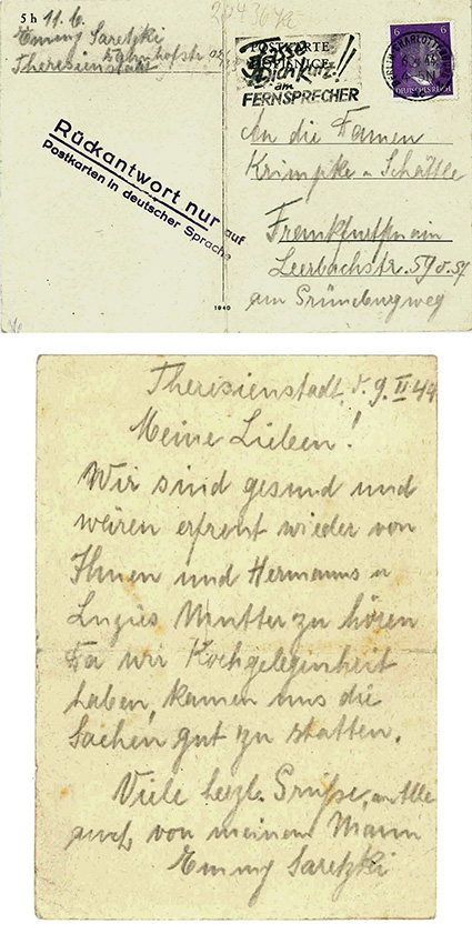 Emmy Saretzki schickt ein Lebenszeichen aus dem Ghetto Theresienstadt an die Familie Baumeister. Um sie nicht zu gefährden, bedient sie sich der Anschrift gemeinsamer Bekannter, die sie als „Mischlinge 1. Grades“ weniger gefährdet einschätzt. © Marion Schmidt