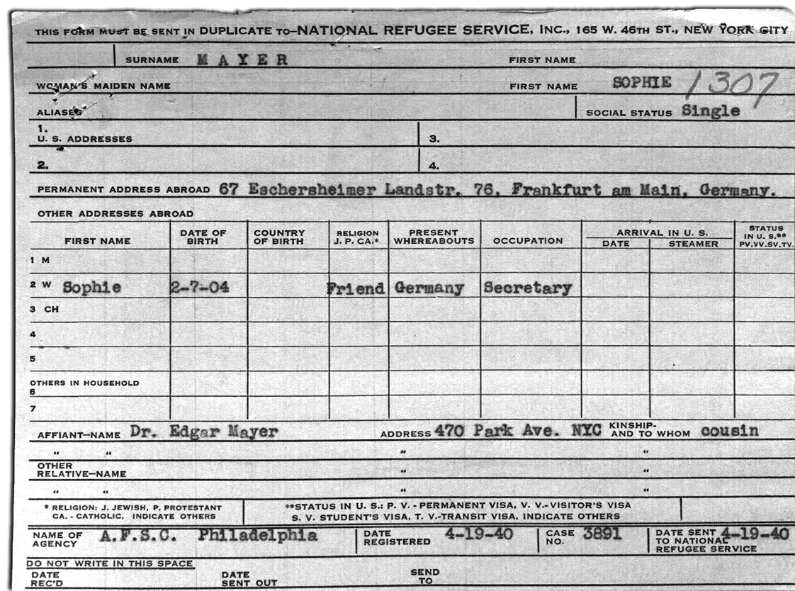File card for Sophie Mayer at the American Friends Service Committee, Philadelphia. © Collection 2002.296, Case No. 1307, US Holocaust Memorial Museum, Washington D.C.