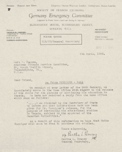 Die britische Quäkerin Bertha Bracey informiert ihre amerikanischen „Freunde“ über den Bescheid des Londoner Home Office zur Entlassung von Fritz Höniger aus einem kanadischen Camp. © Collection 2002.296, Case Nr. 3416, US Holocaust Memorial Museum Washington