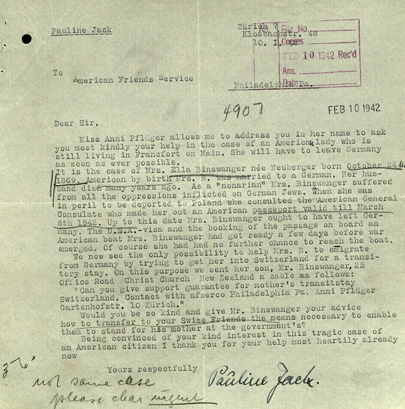  Pauline Jack, emigrated to Zürich in 1939, requests the American Quakers to help Ella Binswanger to emigrate via Switzerland. © Collection 2002.296, Case No. 7926, US Holocaust Memorial Museum, Washington D.C.