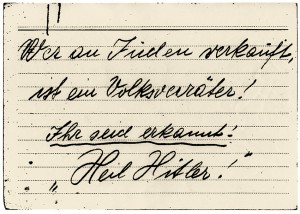 Warning to the Wagner family: Those who sell to Jews are traitors. A mailman warned the Wagners because of the postcards received from Theresienstadt. He would report them if they did not stop their postal correspondence. As a result Wilhelm Wagner requested his acquaintance Martha Dellheim to send packages and mail to Gela and Elias Singer. One of the many postcards from Theresienstadt. Included in Wilhelm Wagner’s estate at the Institut für Stadtgeschichte, Frankfurt am Main. © Institut für Stadtgeschichte, Frankfurt am Main. 